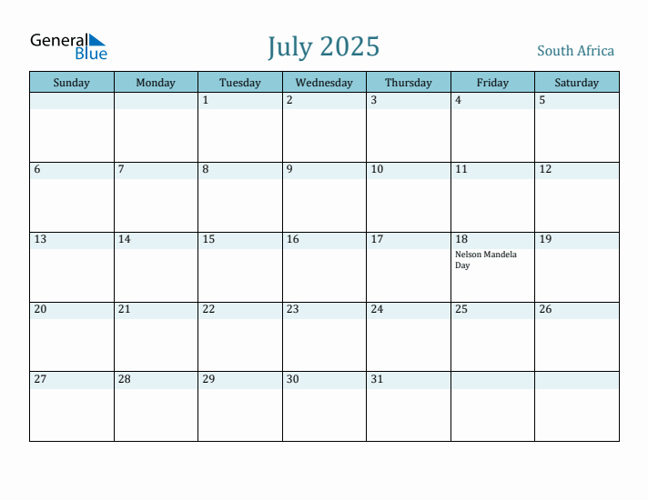 South Africa Holiday Calendar for July 2025