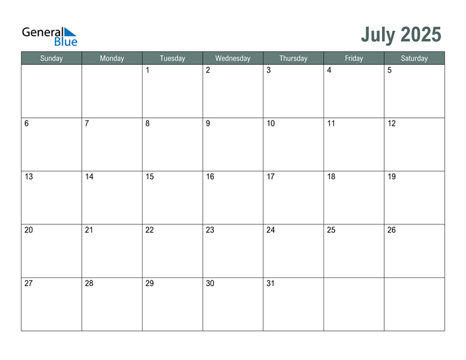 Blank Calendar July 2025 Printable Blank Printable