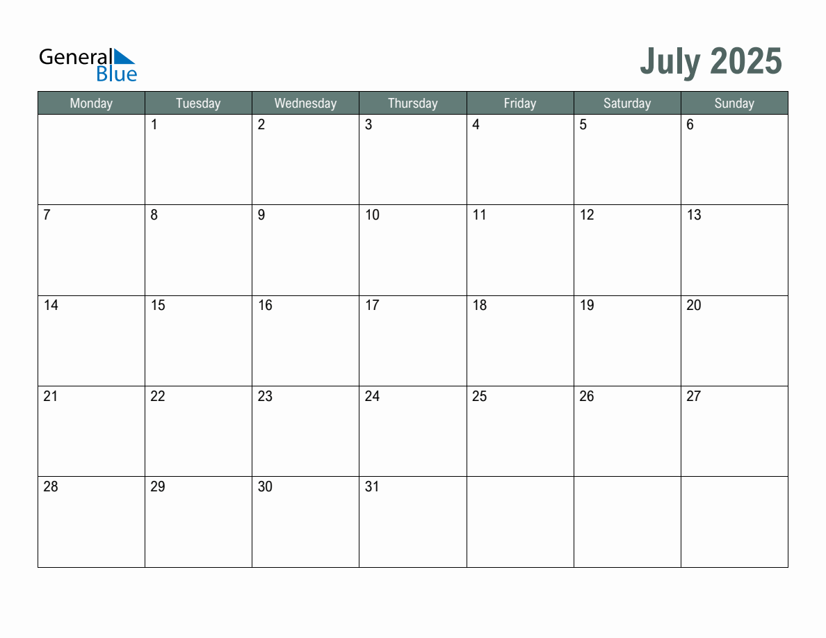 Blank July 2025 Monthly Calendar Template