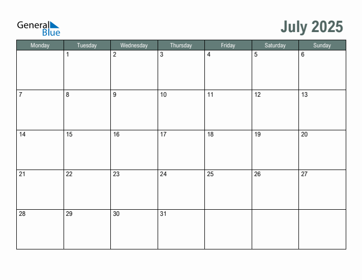 Free Printable July 2025 Calendar