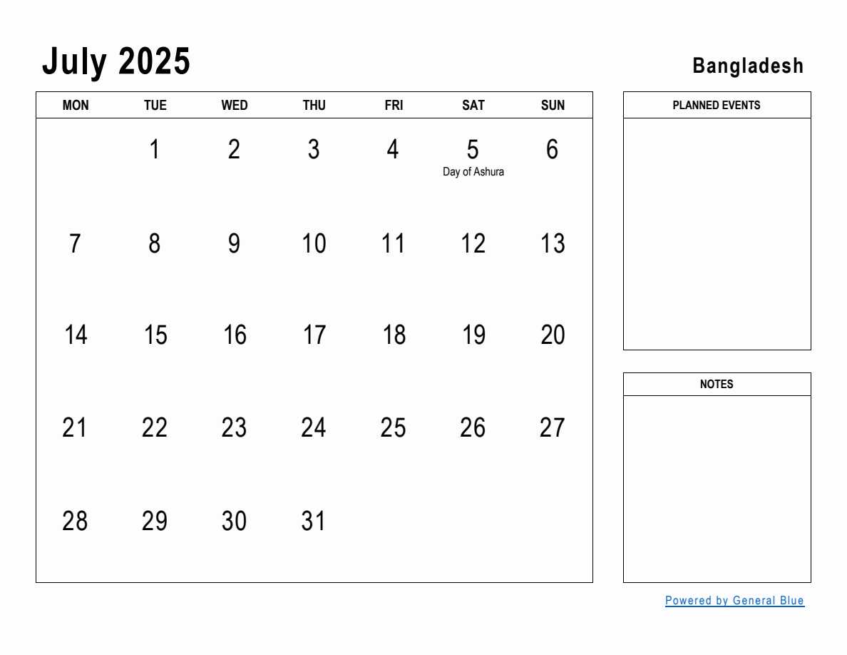 July 2025 Planner with Bangladesh Holidays