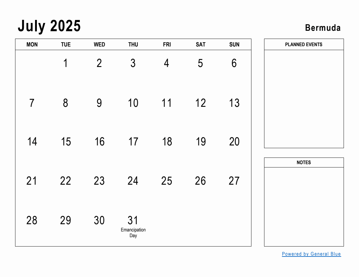 July 2025 Planner with Bermuda Holidays