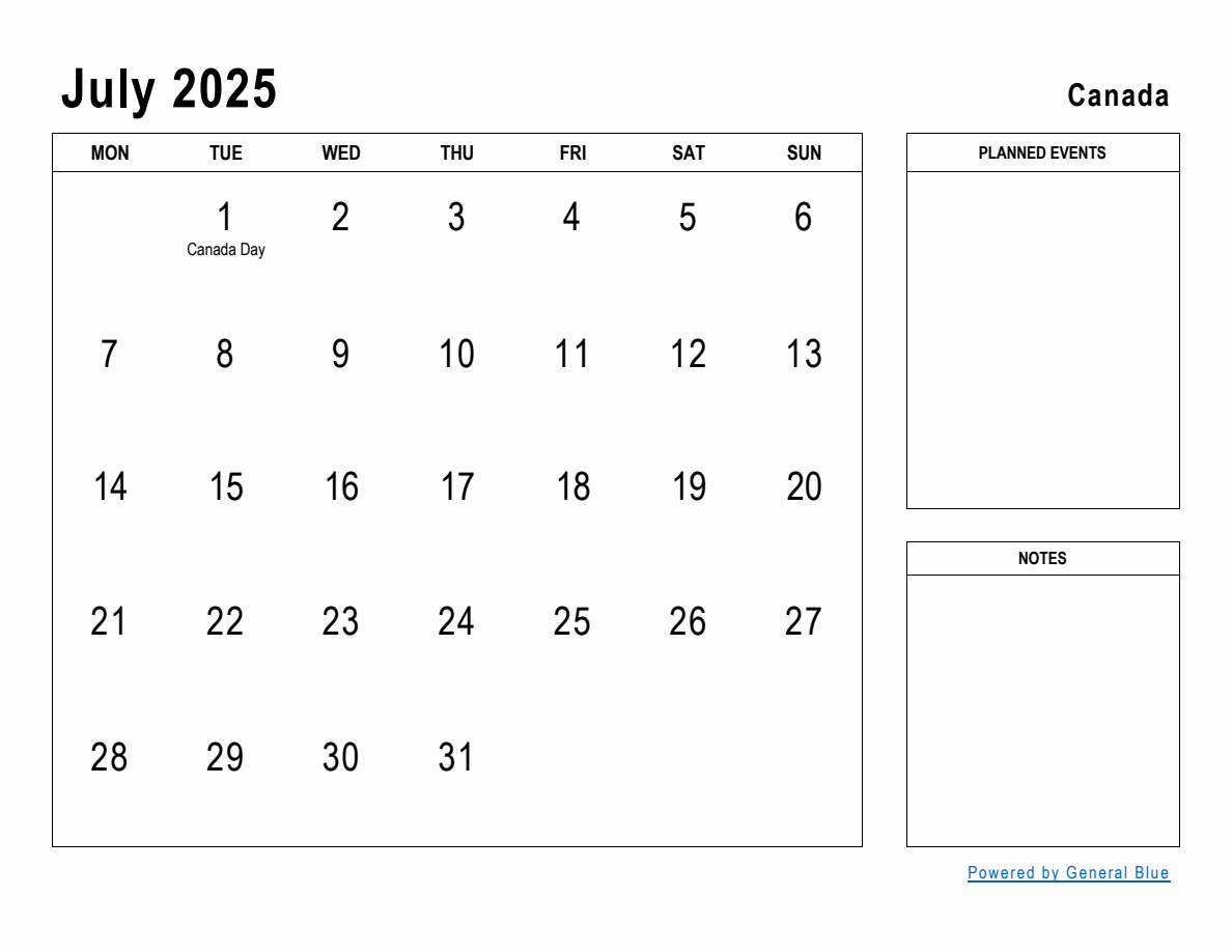 July 2025 Planner with Canada Holidays