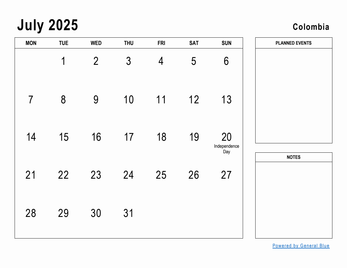 July 2025 Planner with Colombia Holidays