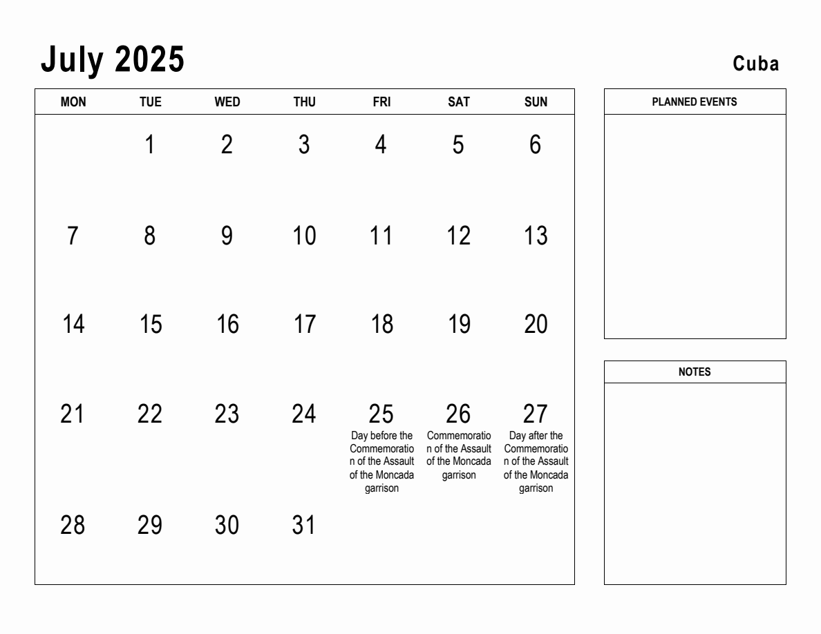 July 2025 Planner with Cuba Holidays