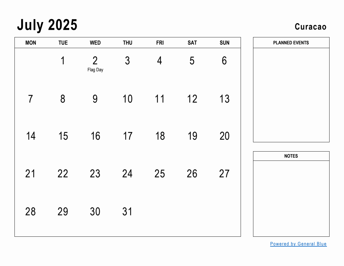 July 2025 Planner with Curacao Holidays