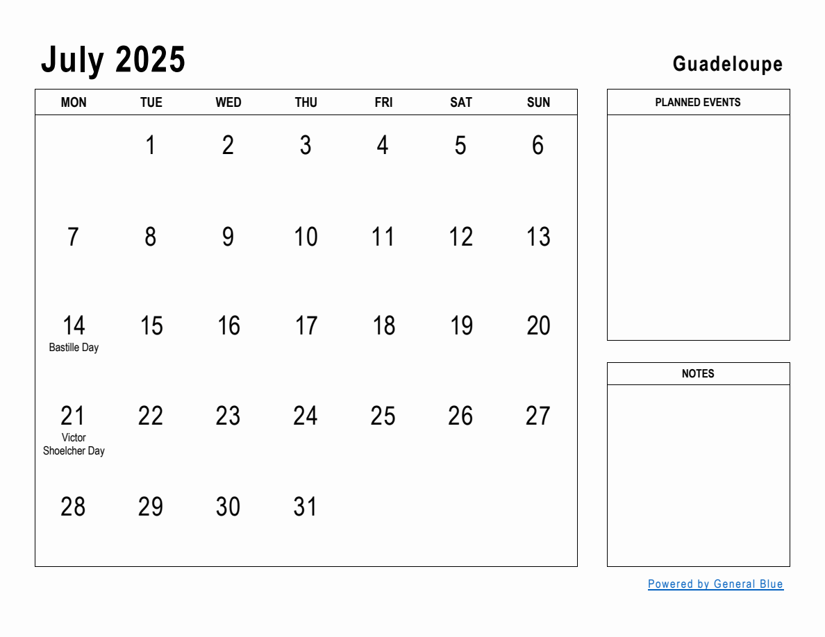 July 2025 Planner with Guadeloupe Holidays