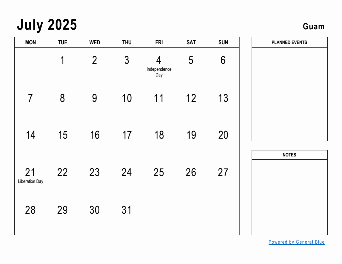 July 2025 Planner with Guam Holidays