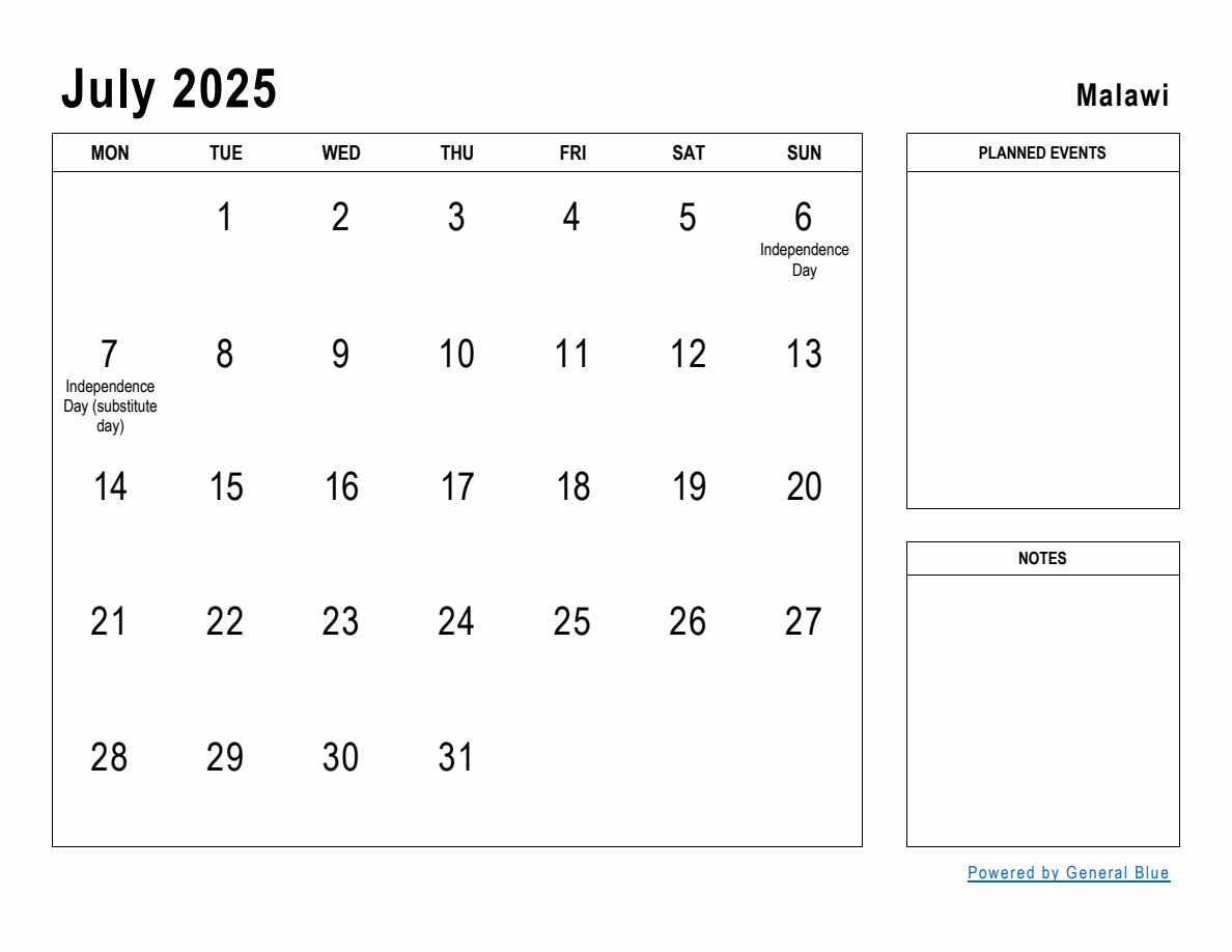 July 2025 Planner with Malawi Holidays