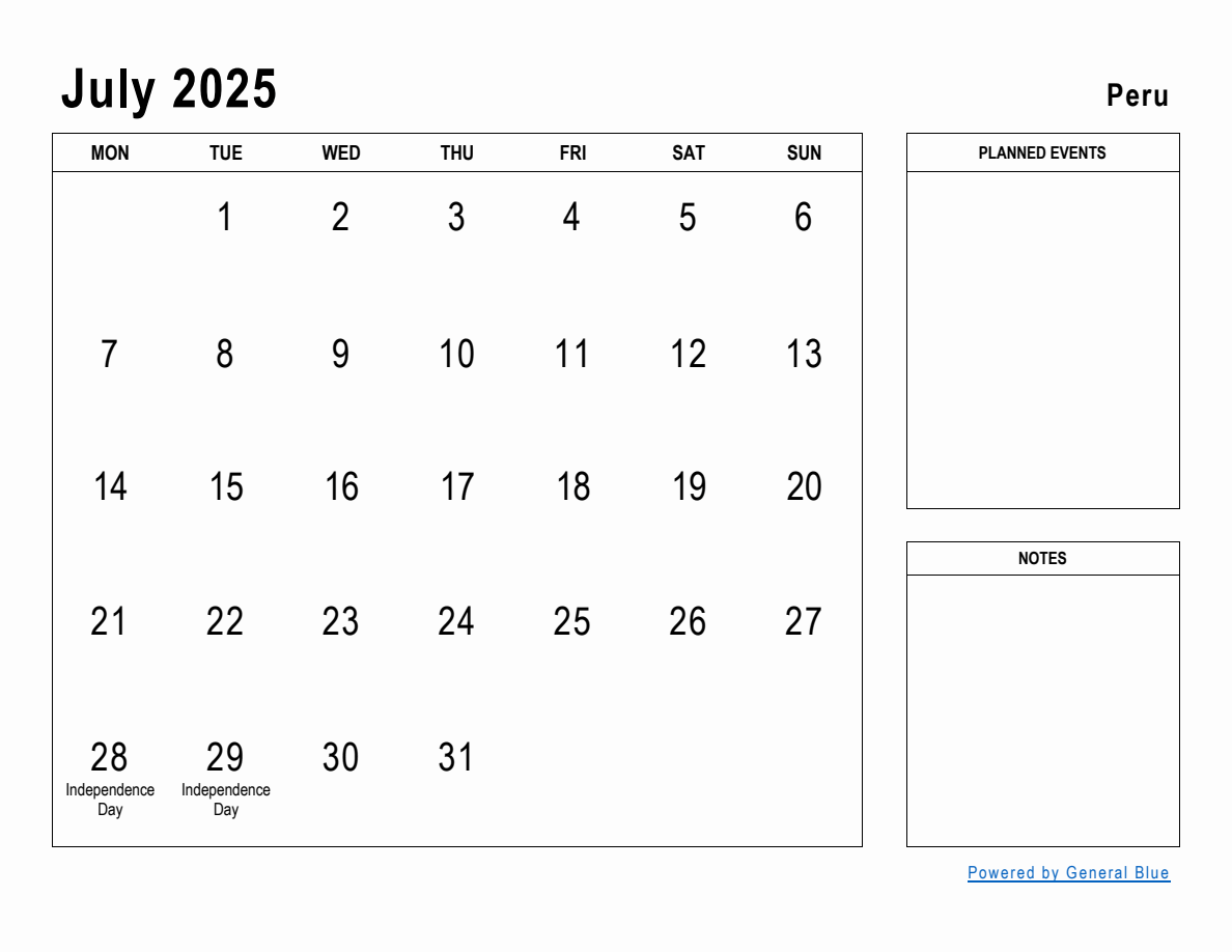 July 2025 Planner with Peru Holidays