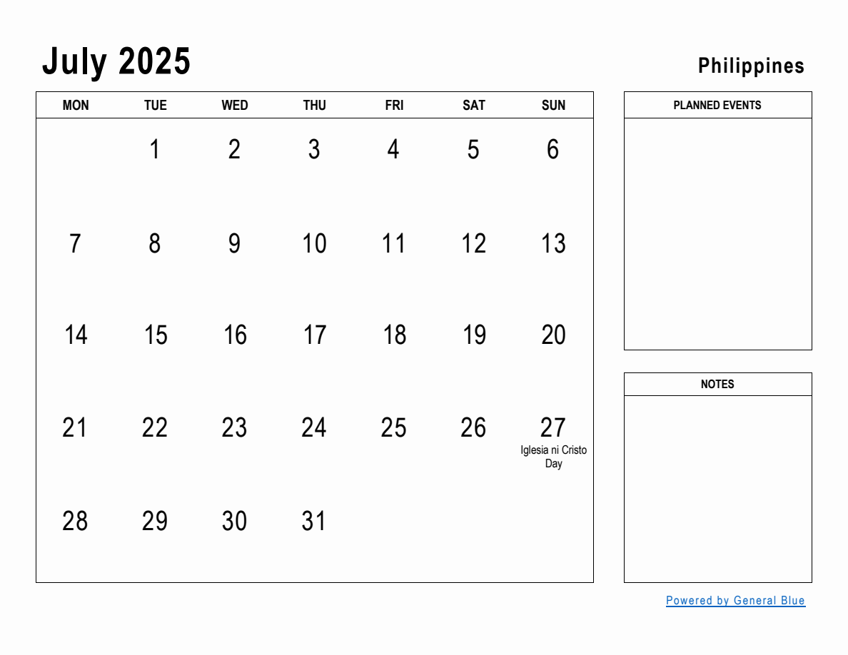 July 2025 Planner with Philippines Holidays