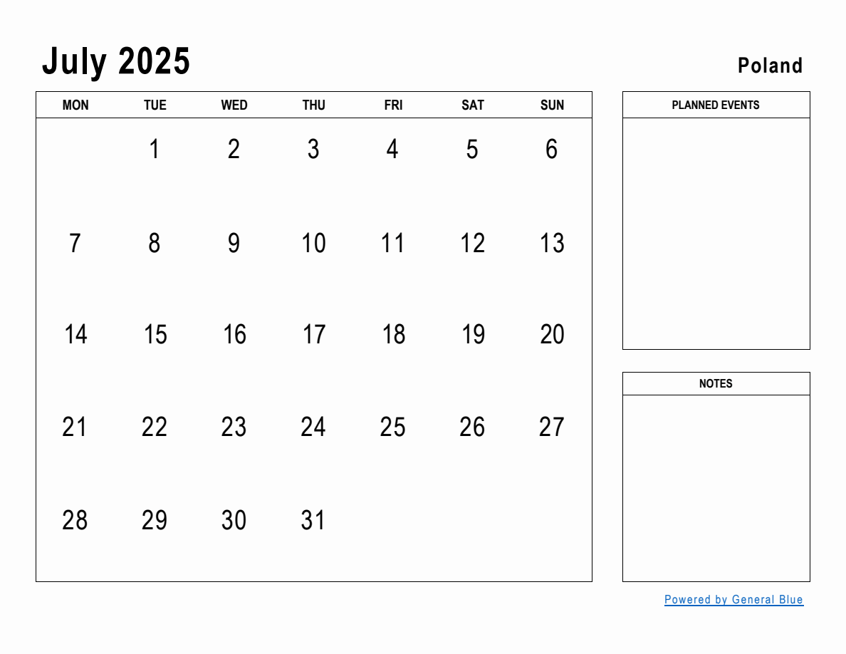 July 2025 Planner with Poland Holidays