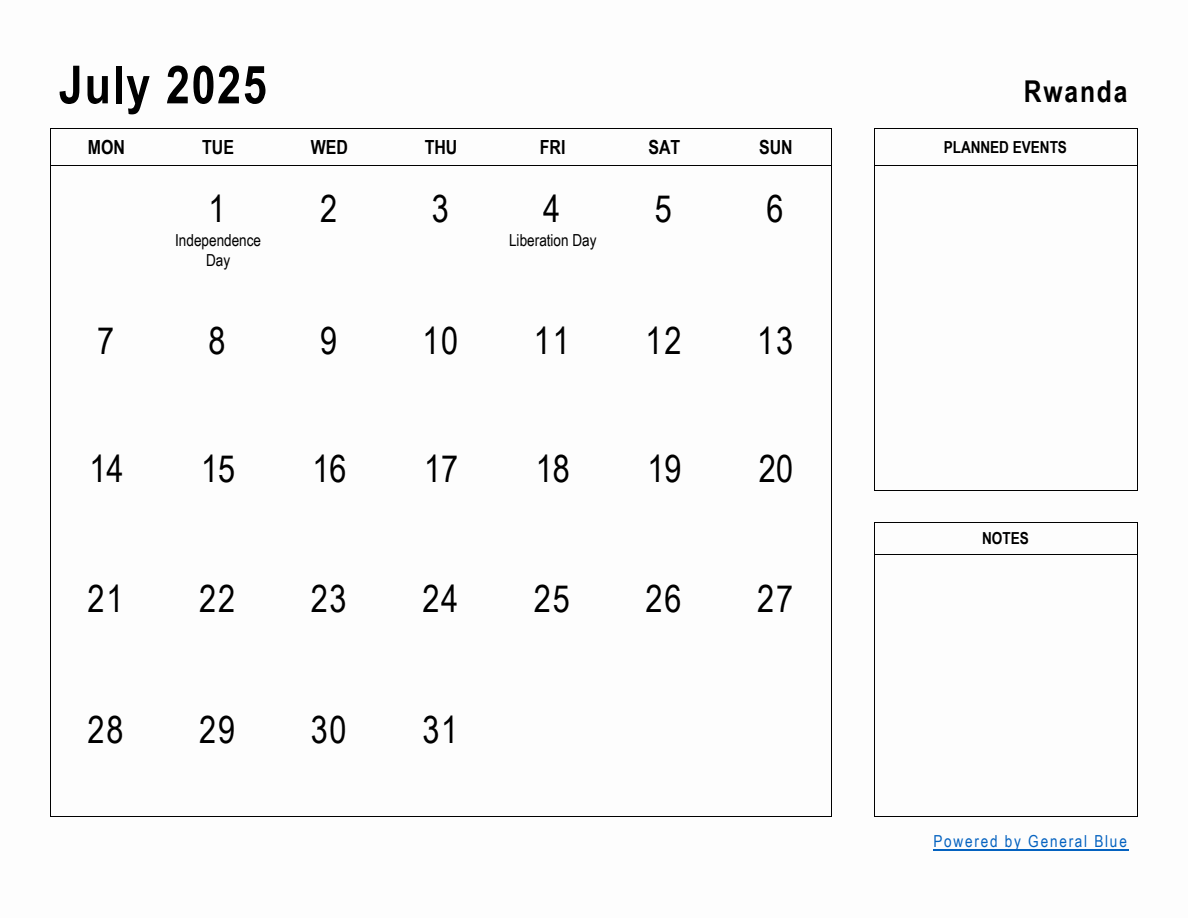 July 2025 Planner with Rwanda Holidays