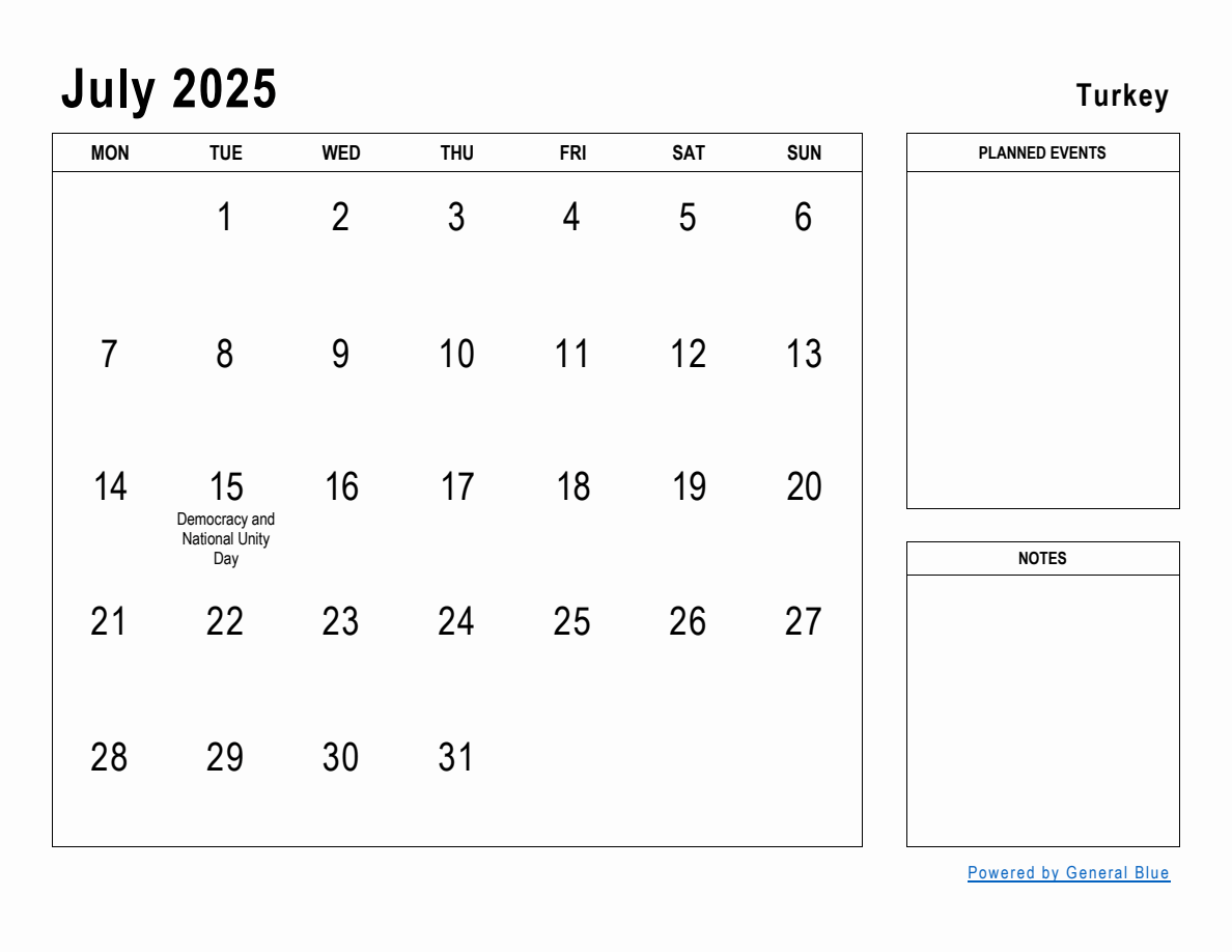 July 2025 Planner with Turkey Holidays