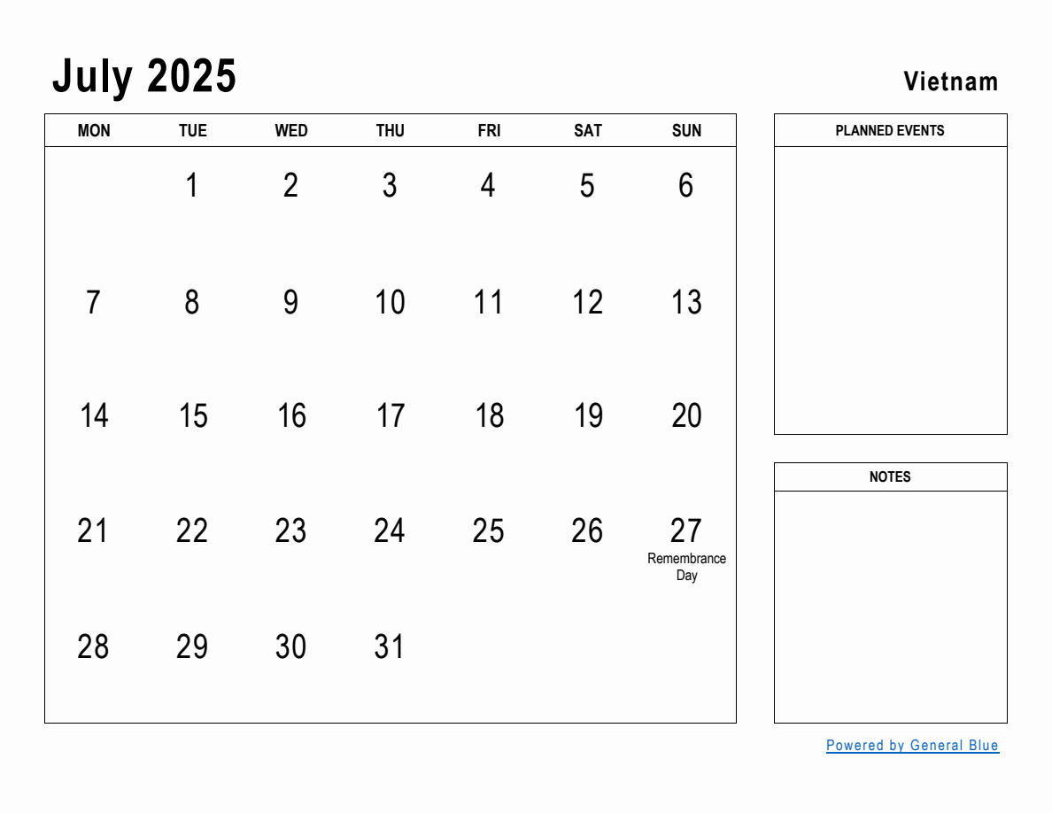 July 2025 Planner with Vietnam Holidays