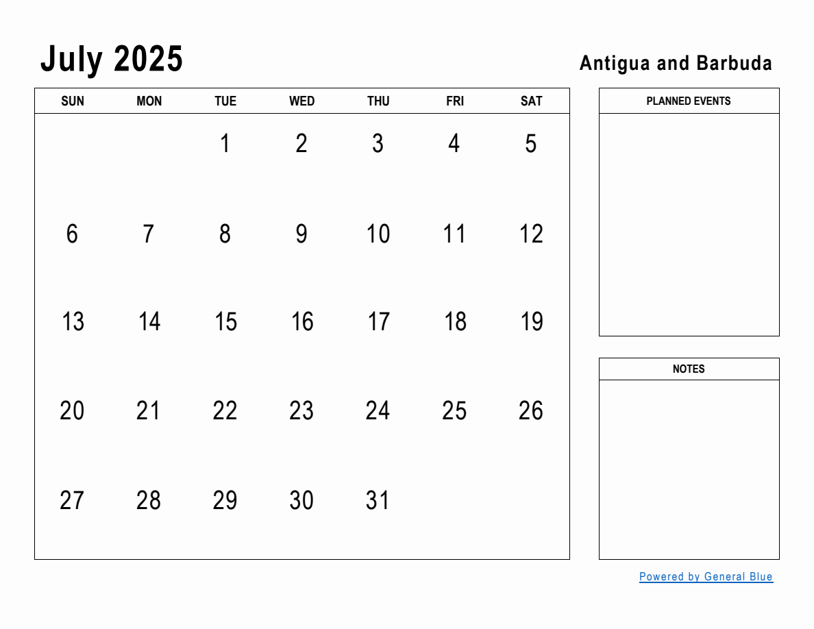 July 2025 Planner with Antigua and Barbuda Holidays