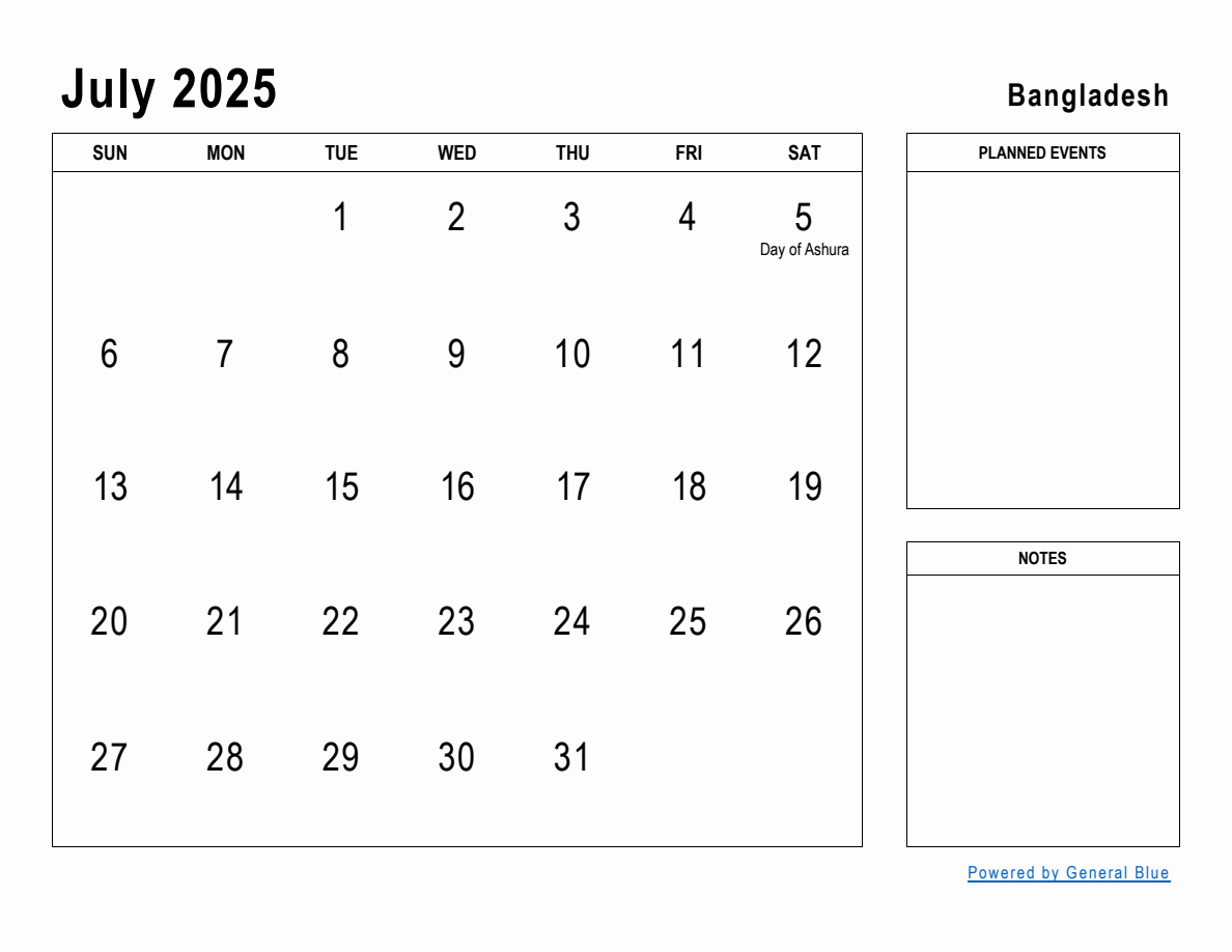 July 2025 Planner with Bangladesh Holidays