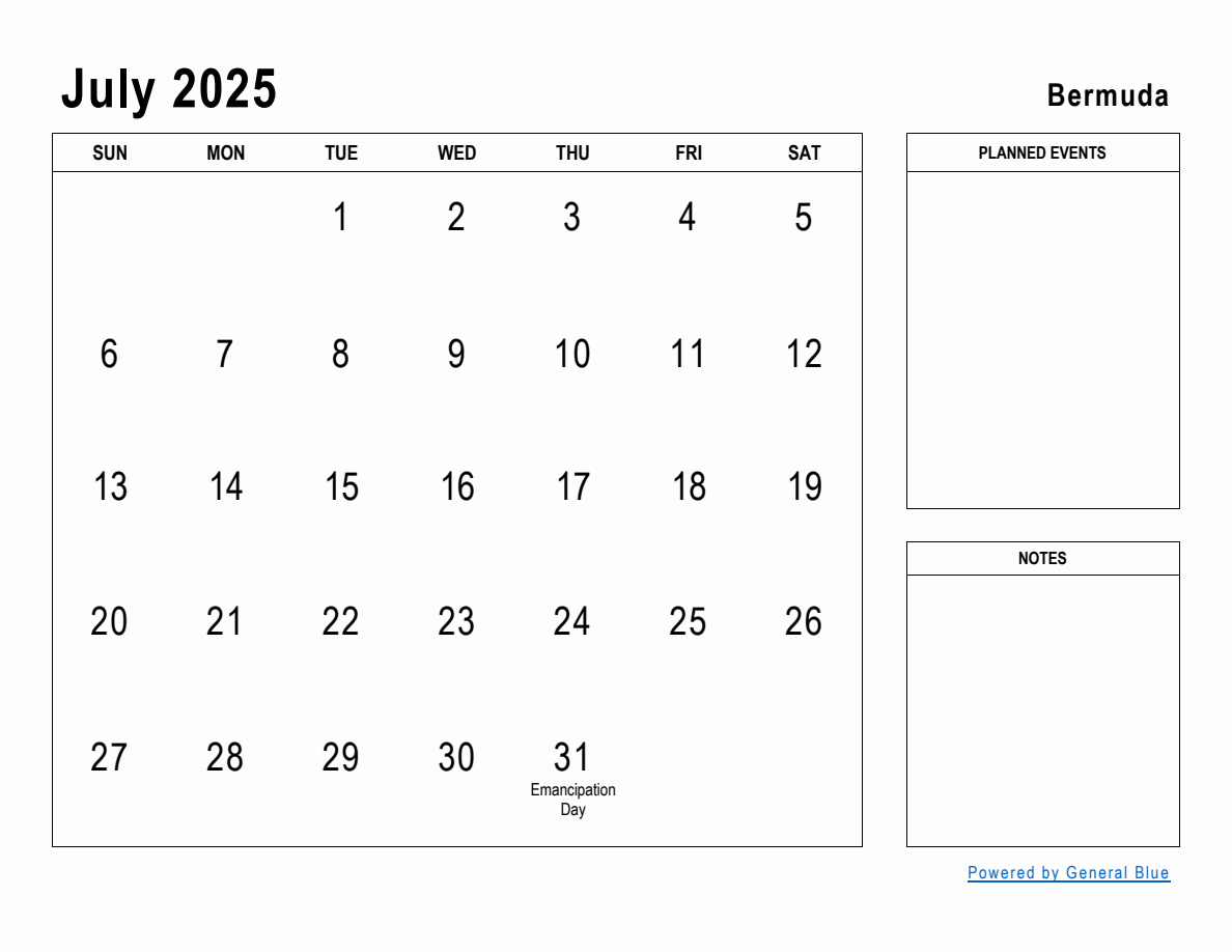 July 2025 Planner with Bermuda Holidays