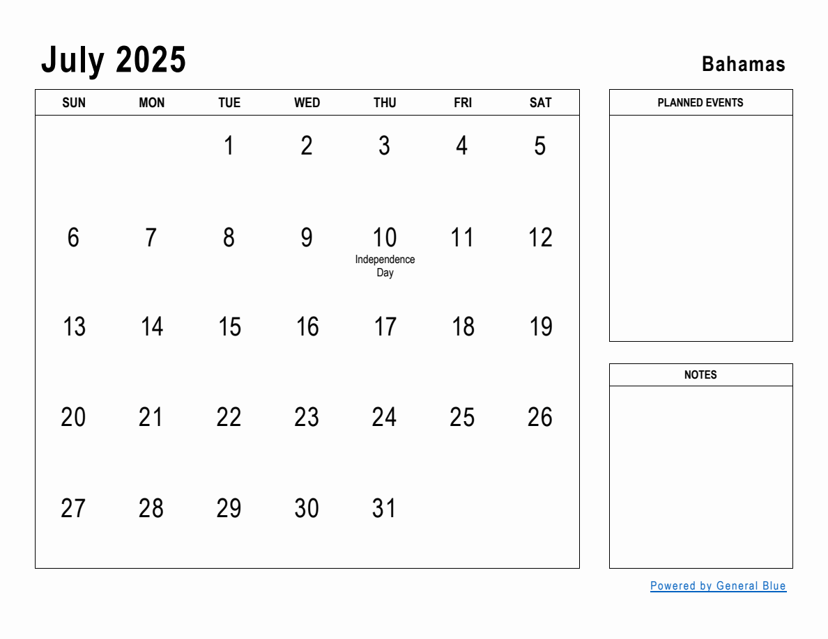 July 2025 Planner with Bahamas Holidays