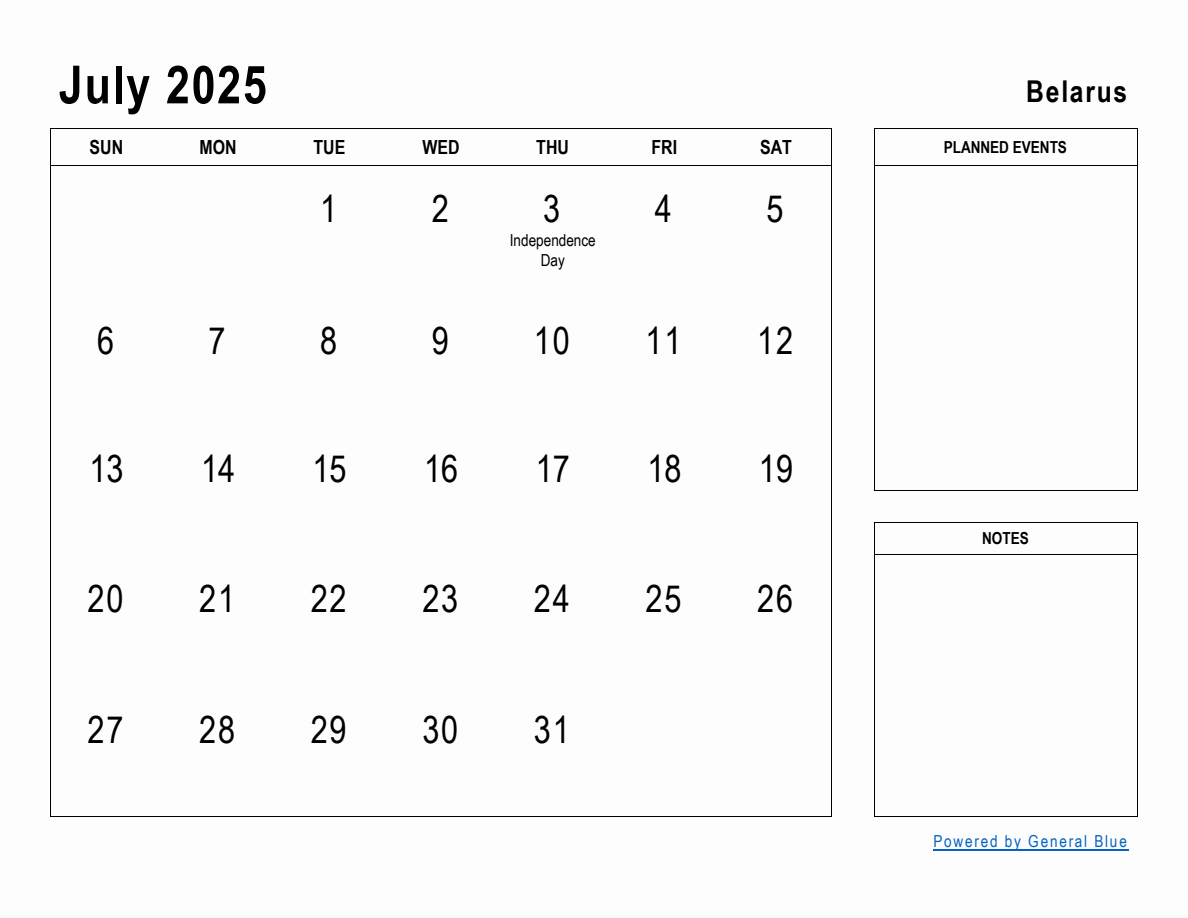 July 2025 Planner with Belarus Holidays