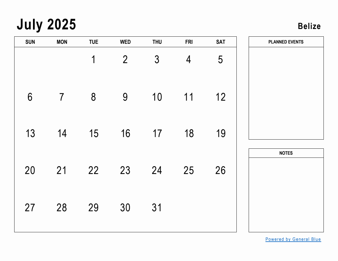 July 2025 Planner with Belize Holidays