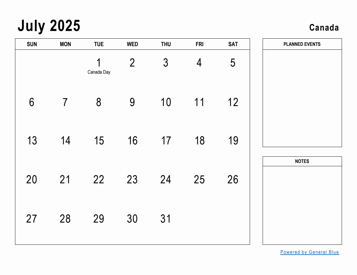 July 2025 Planner with Canada Holidays