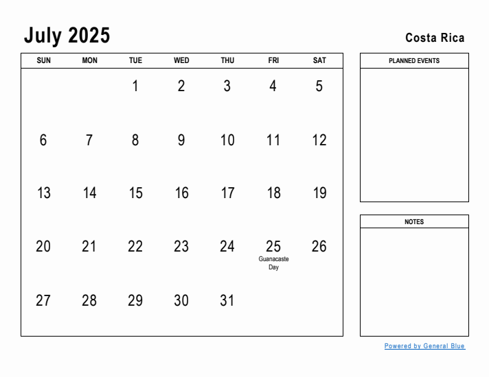 July 2025 Planner with Costa Rica Holidays