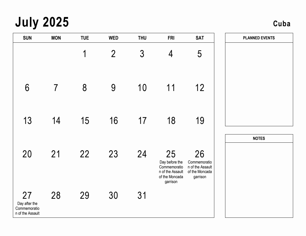 July 2025 Planner with Cuba Holidays