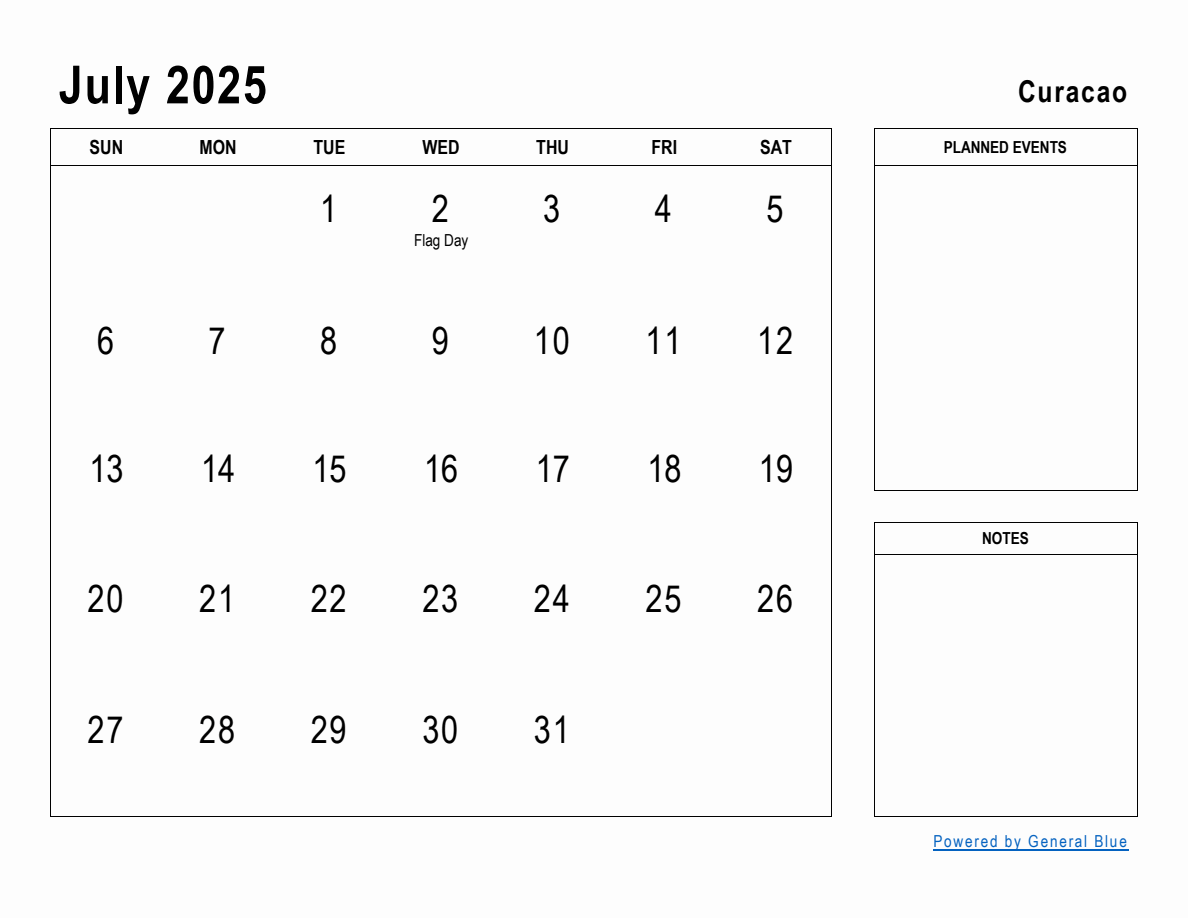 July 2025 Planner with Curacao Holidays