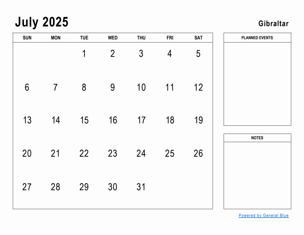 July 2025 Planner with Gibraltar Holidays