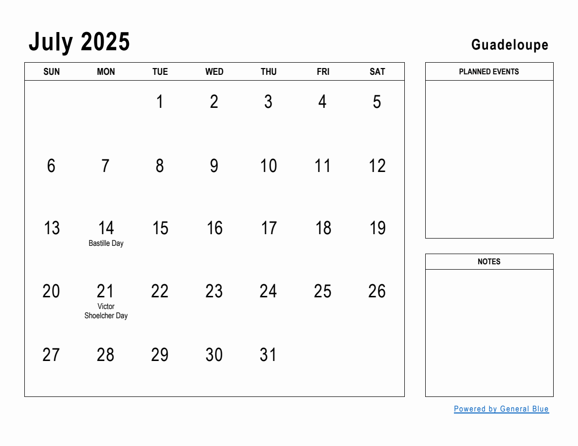 July 2025 Planner with Guadeloupe Holidays