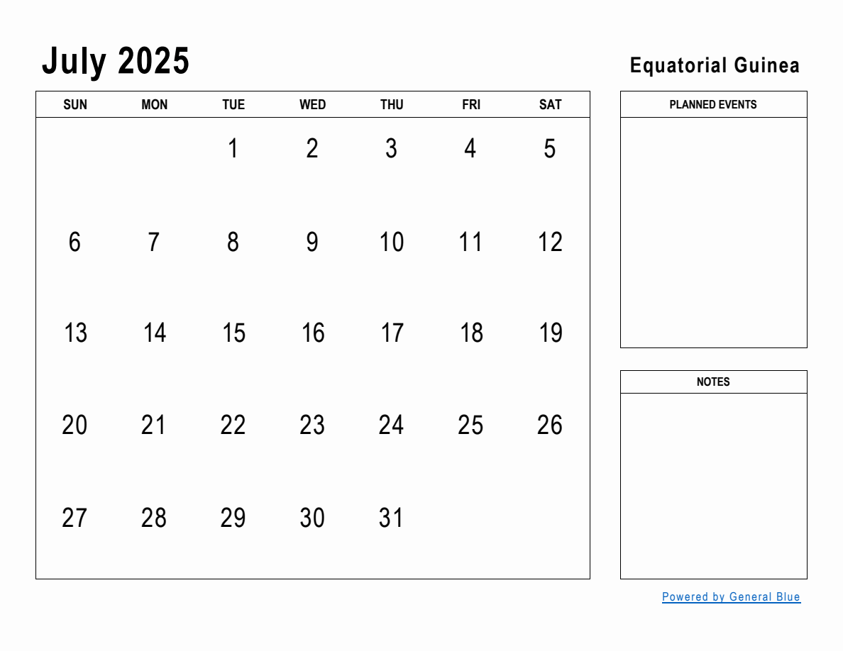 July 2025 Planner with Equatorial Guinea Holidays