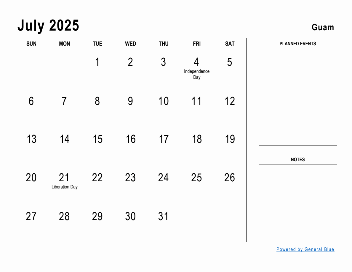 July 2025 Planner with Guam Holidays