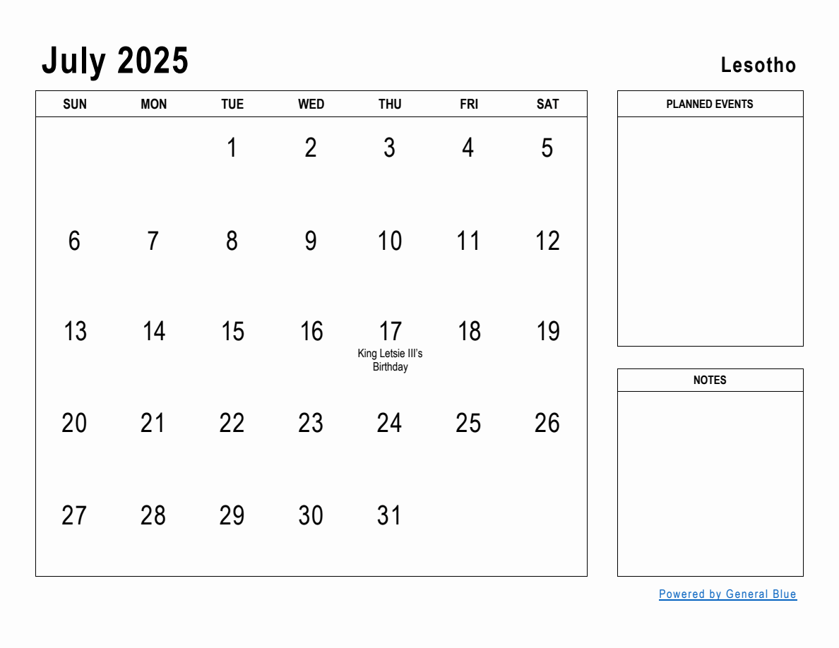 July 2025 Planner with Lesotho Holidays