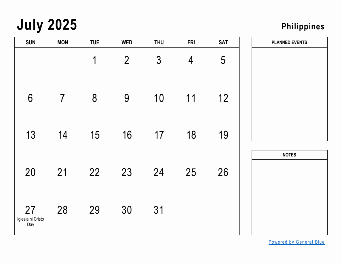 July 2025 Planner with Philippines Holidays