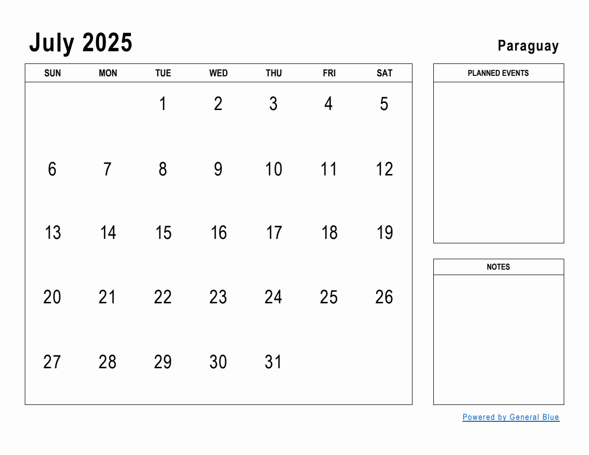 July 2025 Planner with Paraguay Holidays