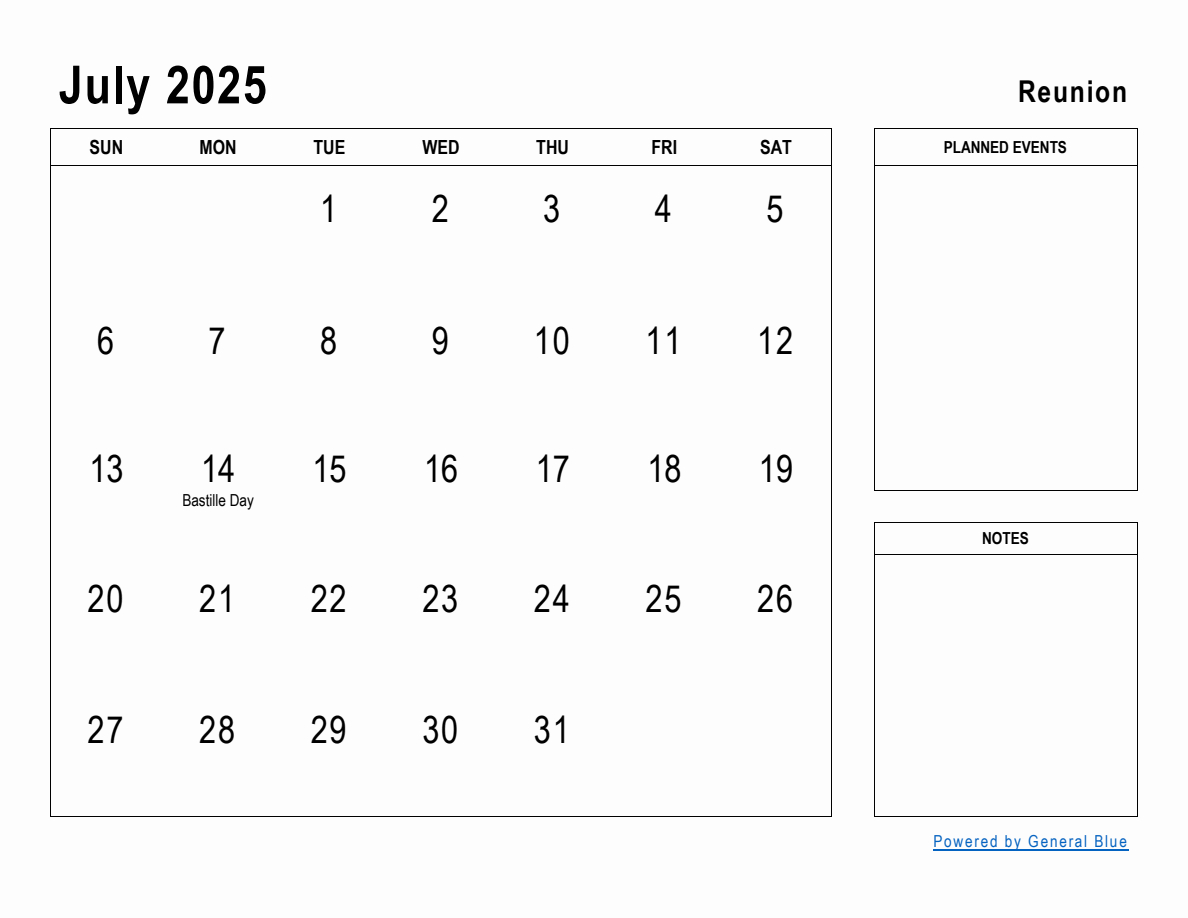 July 2025 Planner with Reunion Holidays