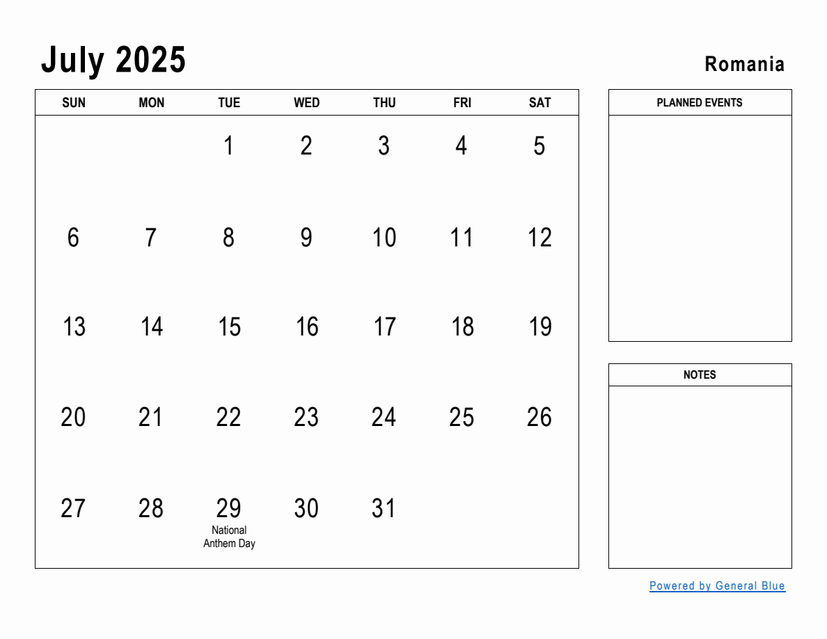 July 2025 Planner with Romania Holidays