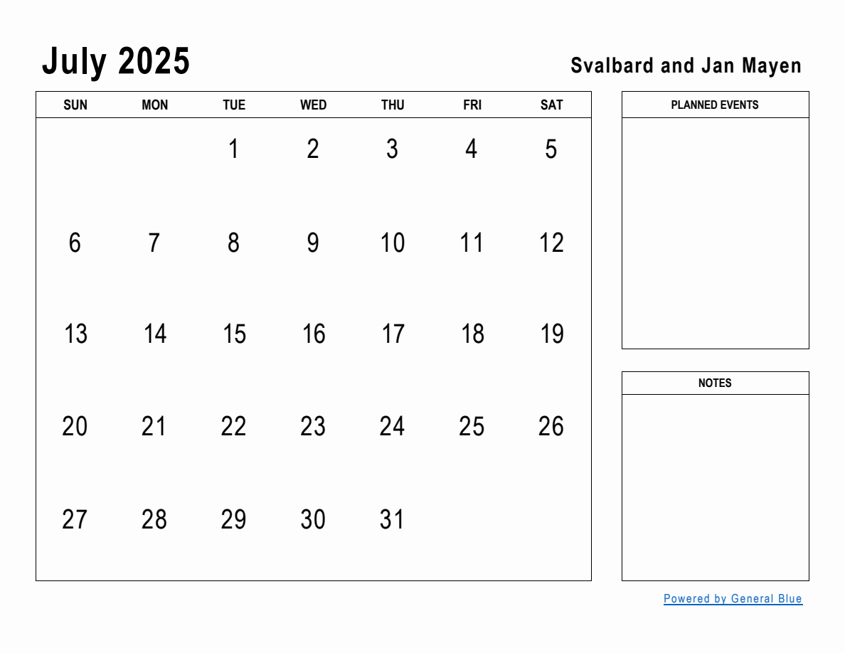 July 2025 Planner with Svalbard and Jan Mayen Holidays