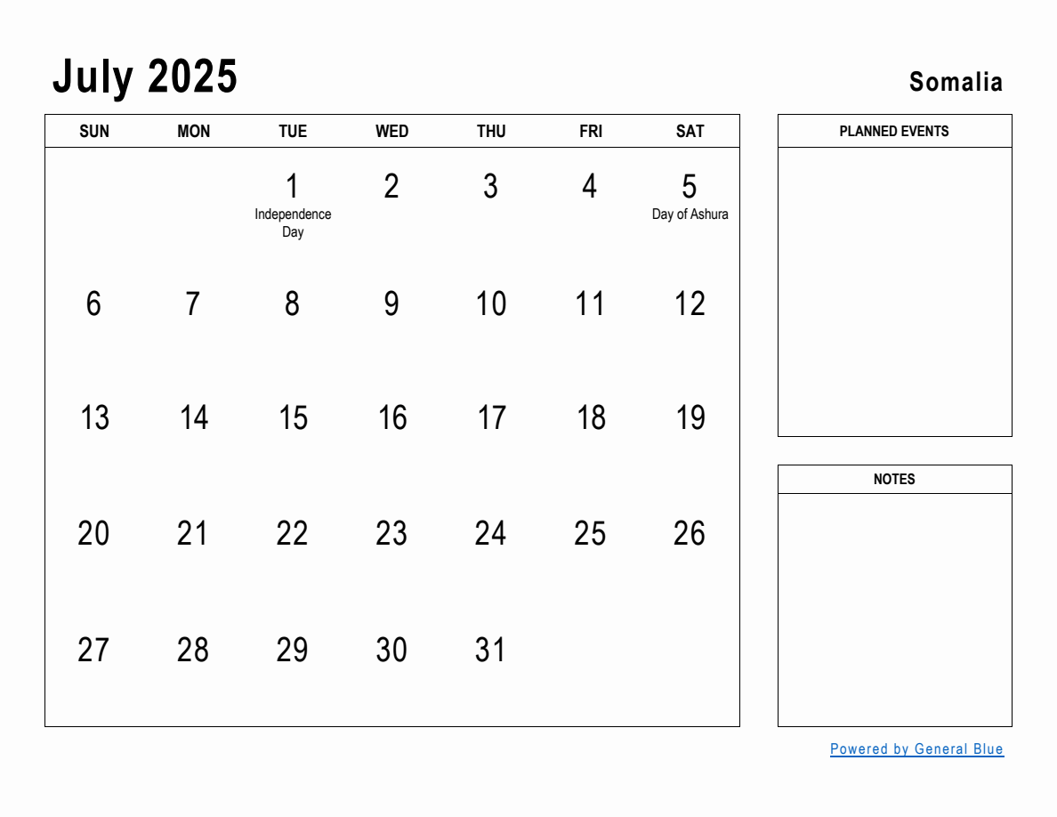 July 2025 Planner with Somalia Holidays