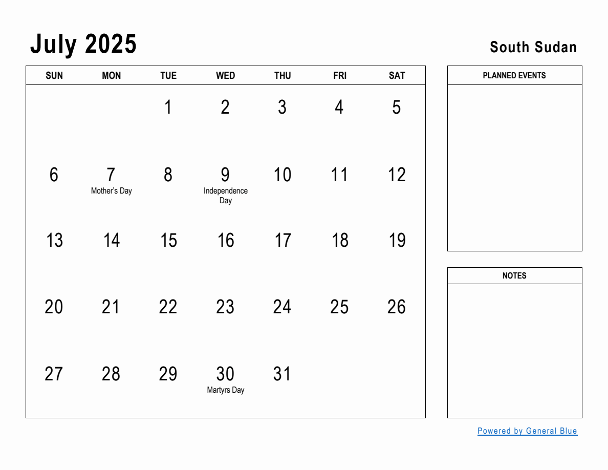 July 2025 Planner with South Sudan Holidays