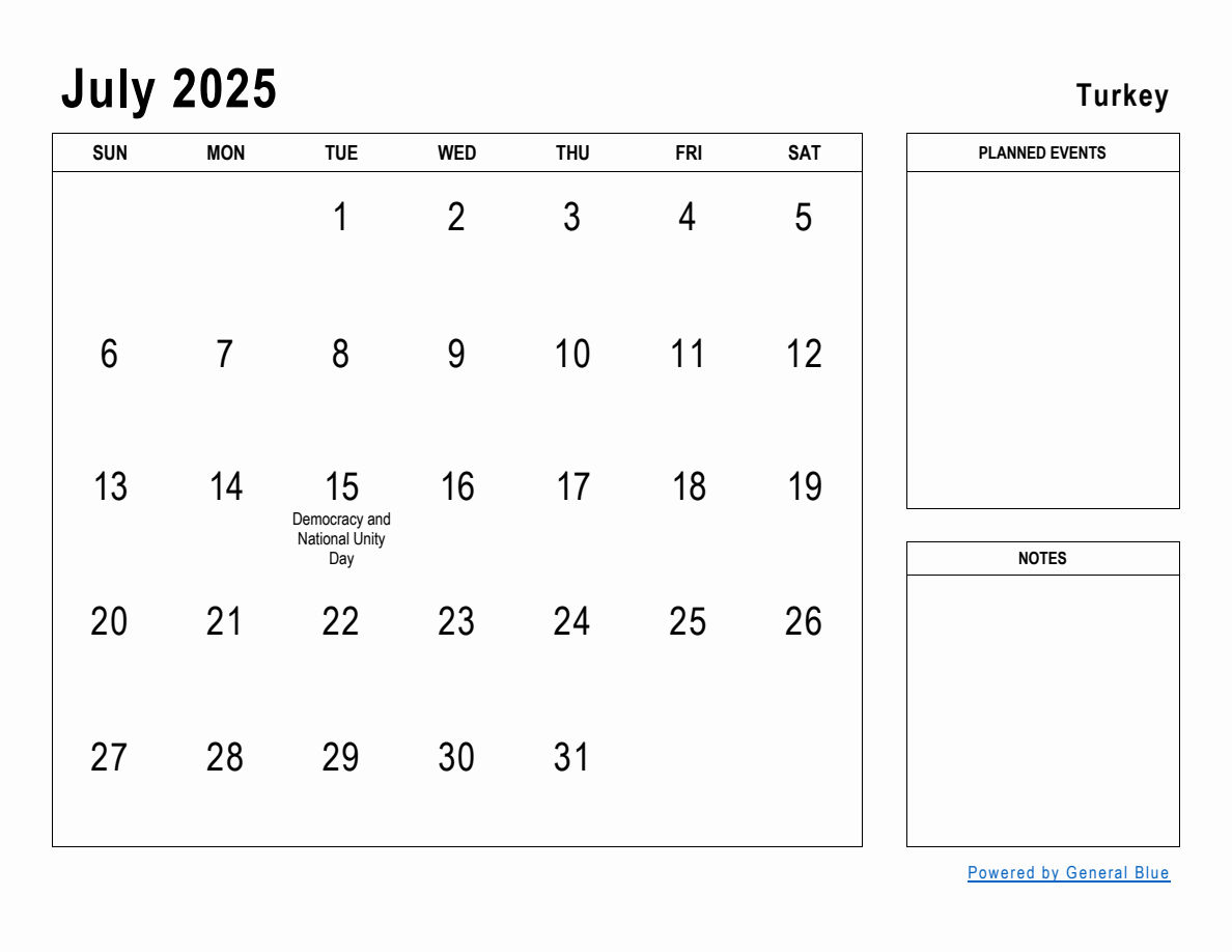 July 2025 Planner with Turkey Holidays