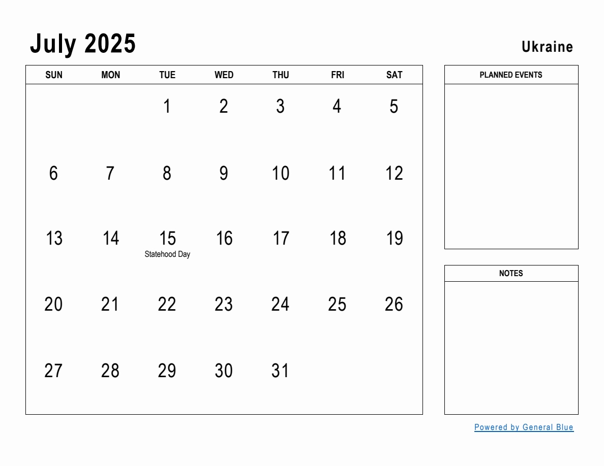 July 2025 Planner with Ukraine Holidays