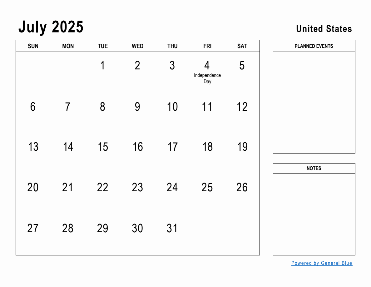 July 2025 Planner with United States Holidays