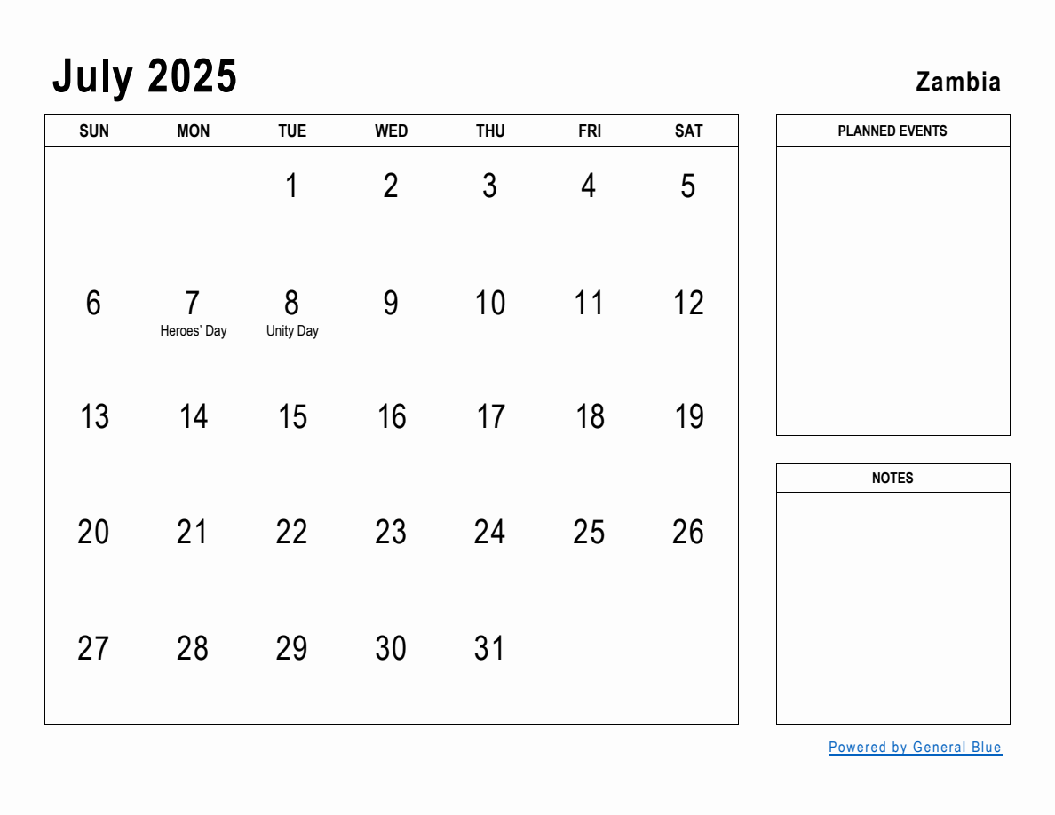 July 2025 Planner with Zambia Holidays