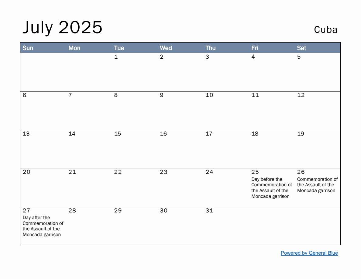 Free Monthly Calendar Template for July 2025 with Cuba Holidays