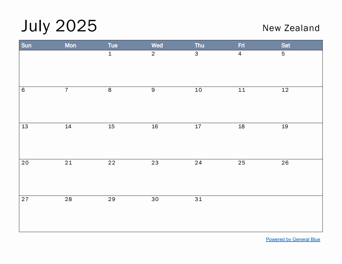 Free Monthly Calendar Template for July 2025 with New Zealand Holidays