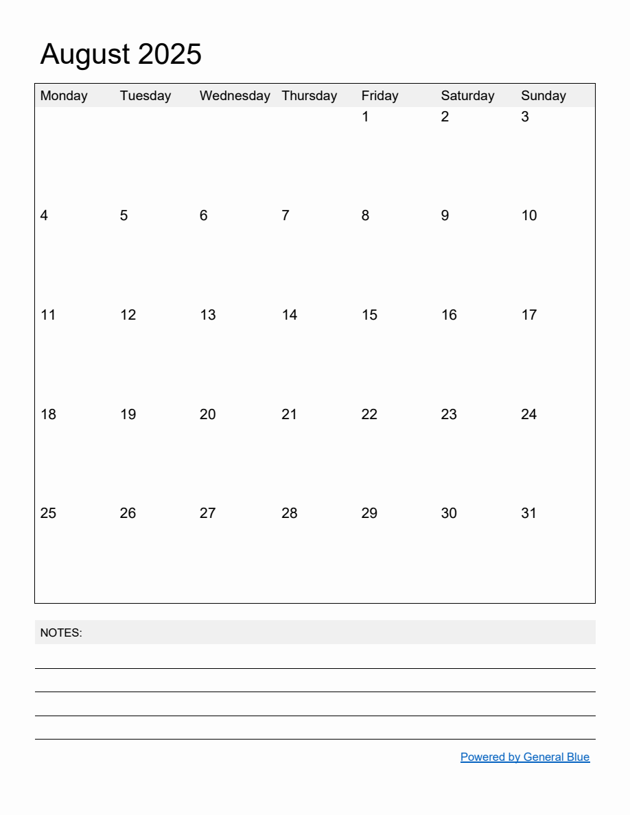 Free Printable Monthly Calendar for August 2025