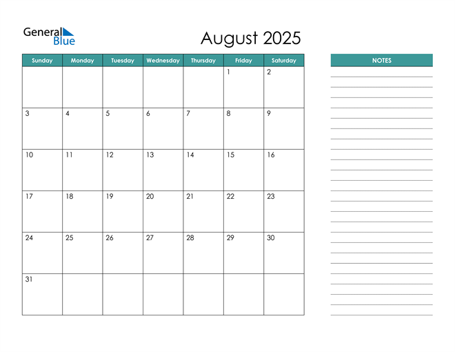 August 2025 Calendar (PDF Word Excel)