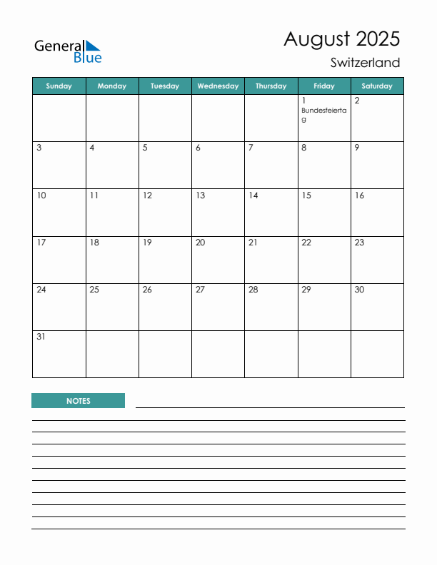 Calendar with Notes Printable - Sunday Start